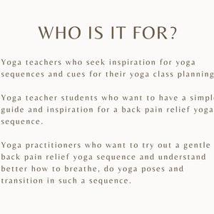 Puede incluir: Texto sobre un fondo blanco con el t&iacute;tulo "&iquest;PARA QUI&Eacute;N ES?" y tres vi&ntilde;etas que describen qui&eacute;n podr&iacute;a beneficiarse de una secuencia de yoga para aliviar el dolor de espalda. La primera vi&ntilde;eta describe a los profesores de yoga, la segunda describe a los estudiantes de yoga y la tercera describe a los practicantes de yoga.