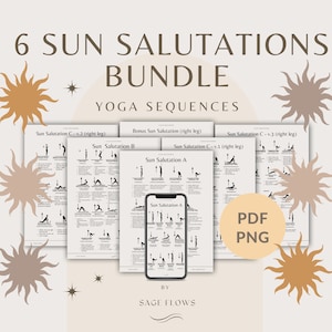 Sequenze yoga del saluto al sole A B C, con suggerimenti, guida alla respirazione, nomi sanscriti, file PDF PNG stampabili