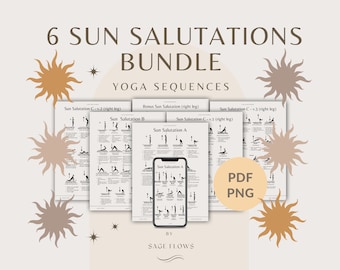 Sun Salutation A B C Yoga Sequences, with cues, breathing guidance, Sanskrit names, printable PDF PNG files