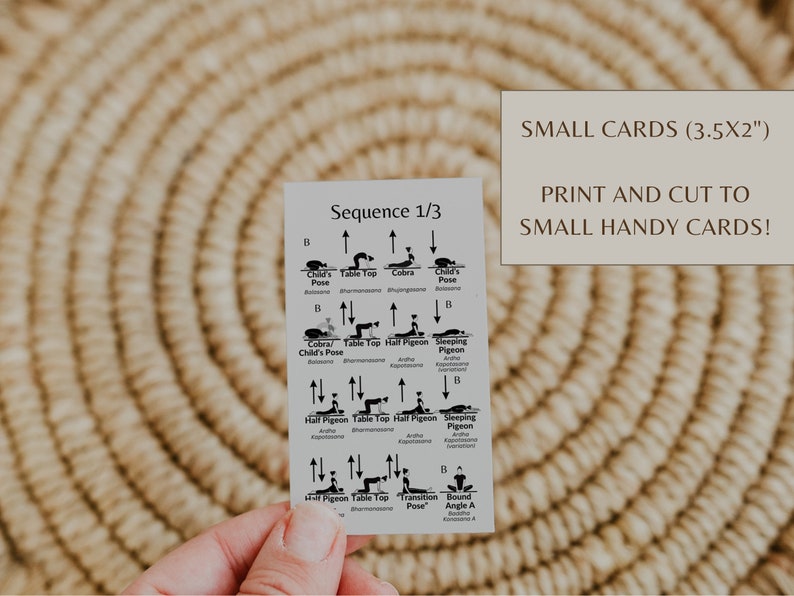 Puede incluir: Una tarjeta de secuencia de yoga imprimible en blanco y negro con instrucciones para una serie de posturas. La tarjeta est&aacute; etiquetada como "Secuencia 1/3" e incluye posturas como la postura del ni&ntilde;o, la postura de la mesa, la postura del medio  paloma y la postura del  paloma durmiendo. La tarjeta est&aacute; dise&ntilde;ada para ser impresa y cortada en peque&ntilde;as tarjetas pr&aacute;cticas.
