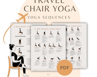 May include: A digital PDF guide titled TRAVEL CHAIR YOGA YOGA SEQUENCES by SAGE FLOWS. The document features black and white illustrations of a person performing various seated yoga poses on a chair, accompanied by instructional text for each.