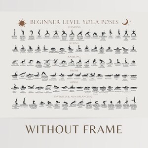 May include: A black and white printable yoga poster with illustrations of different yoga poses. The poster is divided into sections for standing, sitting, kneeling, prone, supine, and inverted & arm balancing poses. The poster includes the text "Beginner Level Yoga Poses" and "Without Frame".