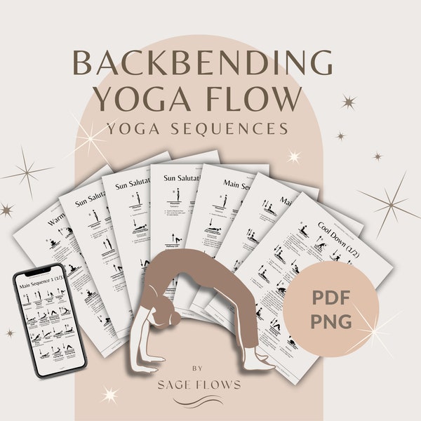 Secuencias de flujo de yoga hacia atrás, clase de yoga de 60 minutos, incluye señales, guía de respiración, nombres en sánscrito, descarga digital, archivos pdf y png