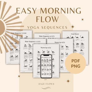 Easy Morning Flow Yoga Sequences, full body morning yoga class, with cues, breathing guidance, Sanskrit names, digital download yoga guide image 1