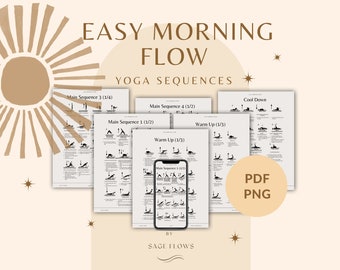 Easy Morning Flow Yoga Sequences, full body morning yoga class, with cues, breathing guidance, Sanskrit names, digital download yoga guide