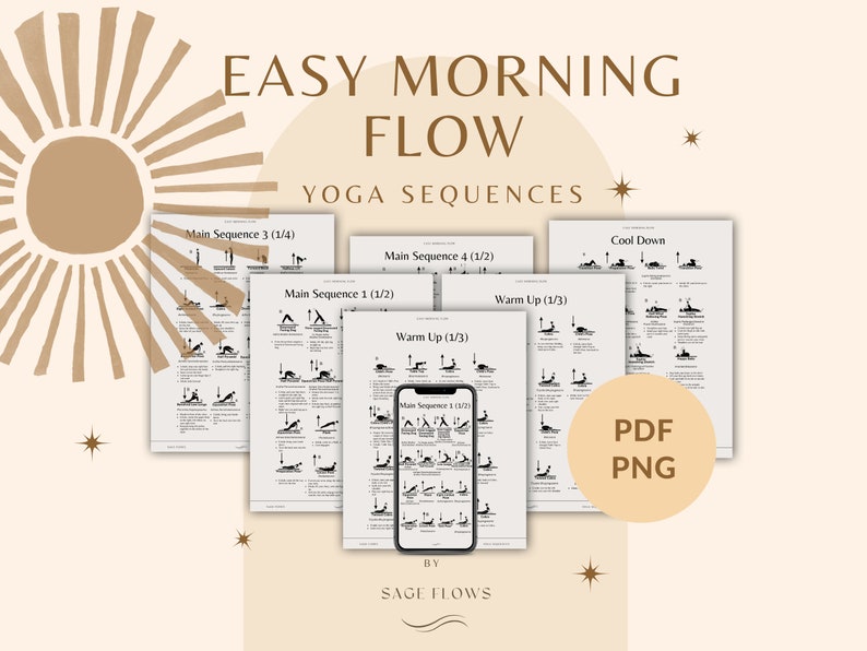 Easy Morning Flow Yoga-Schritte, Ganzkörper Yoga Klasse, mit Hinweisen, Atemanleitungen, Sanskrit Namen, digitaler Download Yoga Anleitung Bild 1