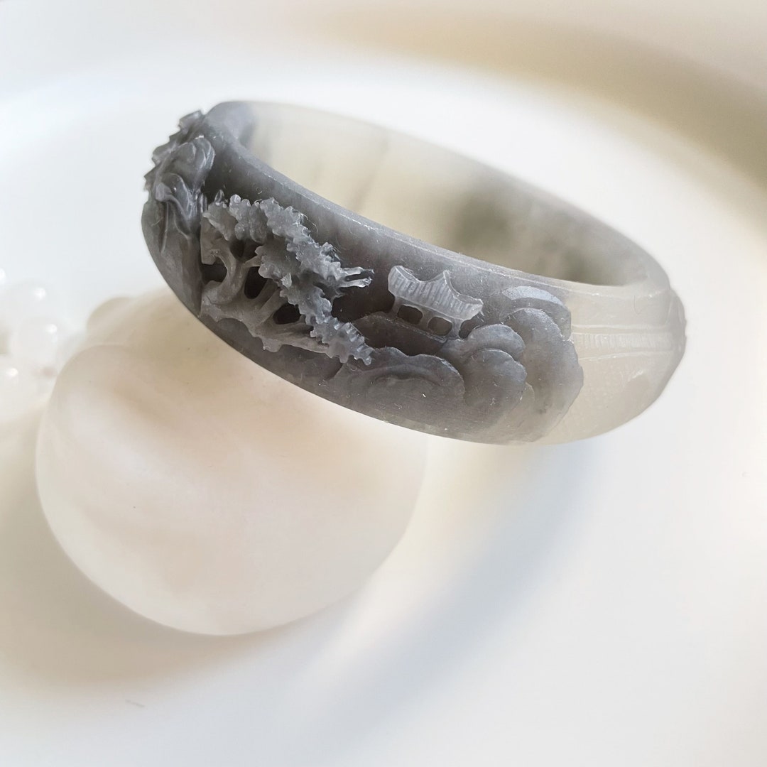 56.3mm Hand-sculpted Natural Quartzite Jade Bangle shetaicui/佘太翠, Ink ...