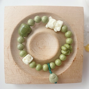Natural Matcha Green Alashan Agate and Ivory Tagua Nut Bracelets (Default fit 6.5inch, Size Customization Available), MCH01