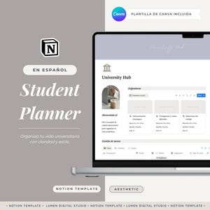 Puede incluir: Una computadora portátil muestra una interfaz de planificador de estudiantes digital con el texto "University Hub". La pantalla muestra un diseño de cuadrícula con secciones para tareas y asignaciones. El diseño incluye el texto "Student Planner" y "Notion Template."
