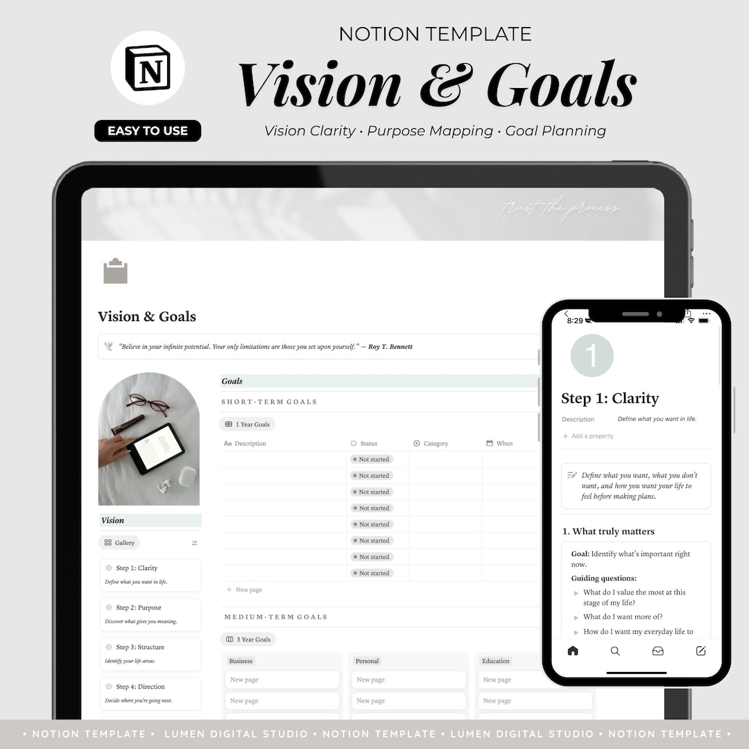 Notion Goal Planner Template | Vision Board Life Areas and 1-3-5 Year ...