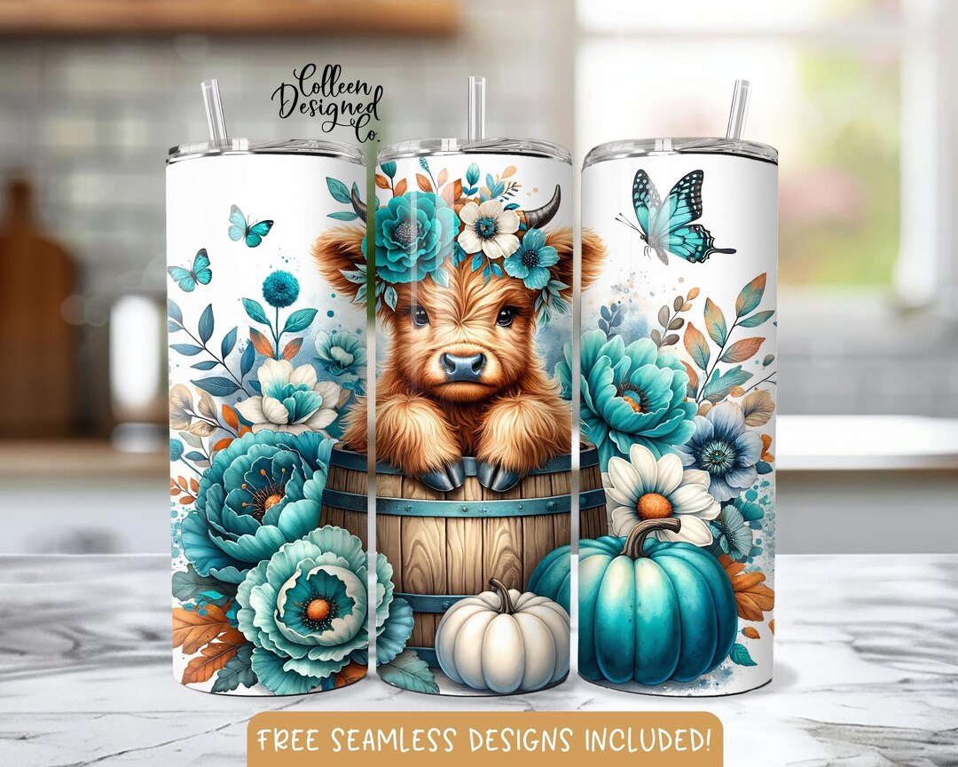 Fall Highland Cow 20oz Skinny Tumbler Sublimation Design Digital ...