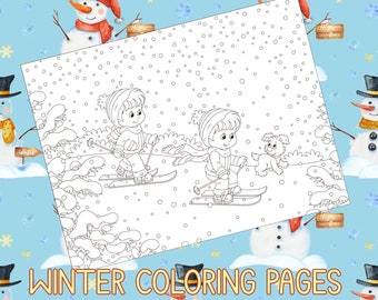 Winter Coloring Page Kids Skiing In the Snow