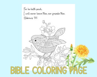 Bible Coloring Page | Verses | Kids | Teens | Adults | Sunday School | Memory Work | Children's Church | Instant Download | Hebrews 13:5