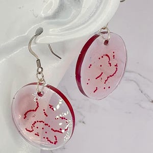May include: A pair of silver earrings with red and white resin circular pendants. The pendants have a swirling pattern of red dots and lines.