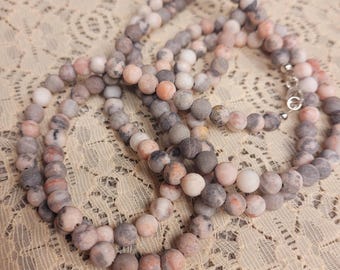Pink Zebra Jasper Gemstone Long Necklace with Sterling Silver