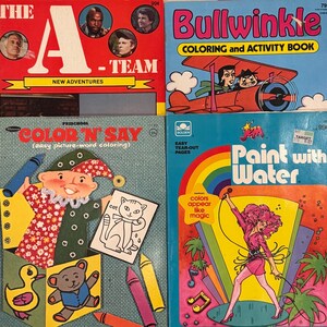 May include: Four vintage activity books including The A-Team New Adventures, Bullwinkle Coloring and Activity Book, Color 'N Say easy picture-word coloring book, and Jem Paint with Water. Each cover features colorful illustrations and text.
