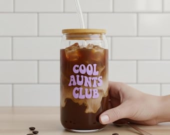 Cool Aunts Club Drinking Glass | Glass Coffee Mug with Lid + Straw | Gift Idea for Easter, Birthday, Best Aunt, Pregnancy Announcement