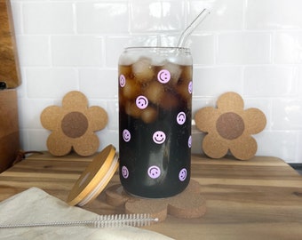 Trinkglas Smileys | Kaffebecher to go | Glas mit Bambusdeckel und Strohhalm | Iced Coffee Becher | Bierdosenglas happy bunt