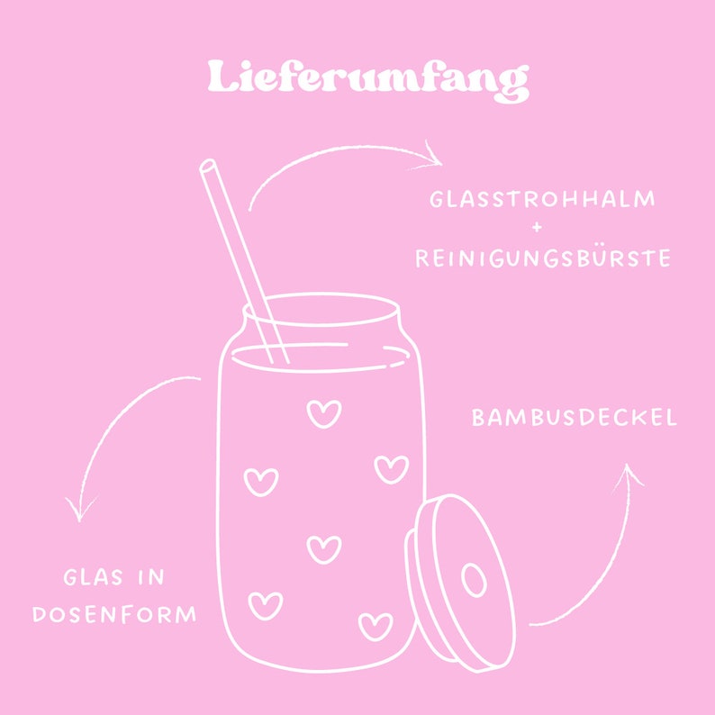 May include: A white line drawing of a glass jar with a bamboo lid and a glass straw. The jar has a heart pattern and the text "Lieferumfang" is at the top of the image. The text "GLAS IN DOSENFORM" is below the jar, "BAMBUSDECKEL" is to the right of the jar, and "GLASSTROHHALM + REINIGUNGSB&Uuml;RSTE" is above the jar.