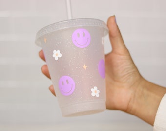 Trinkbecher Smiley Flower Power Glitzer | wiederverwendbarer Becher mit Strohhalm | Tumbler | Mehrwegbecher | Plastikbecher | Kinder Becher