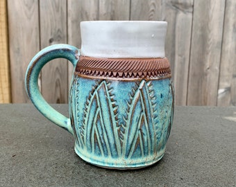 Handmade Ceramic Mug, Turquoise Mug, White Mug, Carved Mug, Stoneware, Wheel thrown Mug, Father's Day, Mother's Day or Birthday Gift