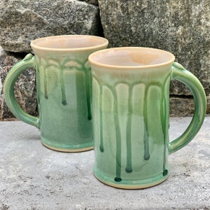 Set of Two Handmade Ceramic Mugs, Green Mug, Cream Mug, Stoneware, Wheel thrown Mug, Matching Mugs, Wedding Gift for Newlyweds