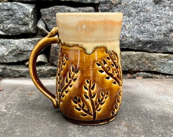 Handmade Ceramic Mug, Brown Mug, Cream Mug, Carved Mug, Stoneware, Wheel thrown Mug, Father's Day, Mother's Day or Birthday Gift