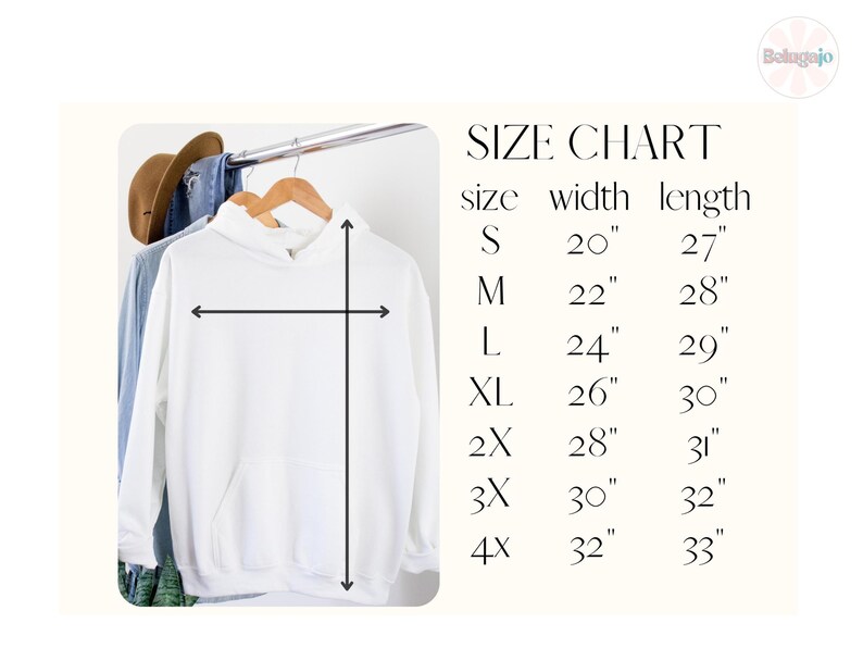 Może przedstawiać: Biała bluza z kapturem wisząca na wieszaku. Tabela rozmiar&oacute;w z wymiarami w calach: S (20" szerokości, 27" długości), M (22" szerokości, 28" długości), L (24" szerokości, 29" długości), XL (26" szerokości, 30" długości), 2X (28" szerokości, 31" długości), 3X (30" szerokości, 32" długości), 4X (32" szerokości, 33" długości).