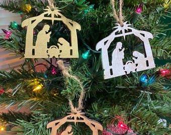 Wood Nativity Ornament    Manger Nativity Laser Cut Birch Holiday Christmas Baby Jesus Mary Joseph