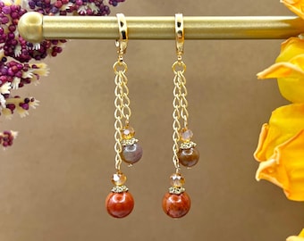 Indian Agate Chain Earrings - Gold Boho Dangle Earrings - Crystal Bead Fall Jewelry - Earthy Gemstone Earrings - Handmade Gift for Her