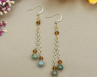 Indian Agate Chain Earrings - Gold Boho Dangle Earrings - Crystal Bead Fall Jewelry - Earthy Gemstone Earrings - Handmade Gift for Her