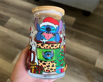 Christmas stitch cup, Christmas gifts for her, Iced coffee glass with lid and straw
