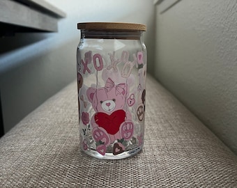 Pink teddy bears Iced Coffee Glass, Valentine's Day glass cup, Gifts for Her, Boba Glass cup with Lid & Straw