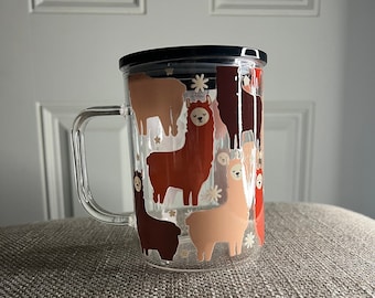 Llama glass mug - Gifts for friends- Cute Gifts, Glass mugs with lid & straw