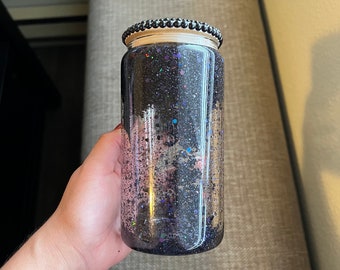 Black Glitter Iced Coffee Glass, Snow globe Glass Can, Gifts for Her, Soda Can with Lid & Straw, Beer Glass- 16oz