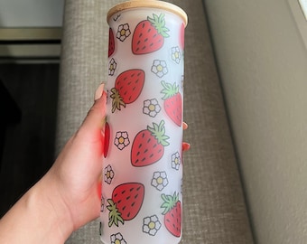 Strawberry tumbler, Gifts for her, Cute glass tumbler, 25 oz cup with lid and straw