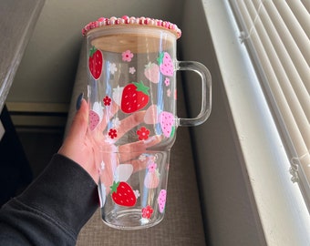 Strawberry Glass Cup, Large Glass Cup with handle & Lid and Straw, Cute Strawberry Pattern, 32Oz