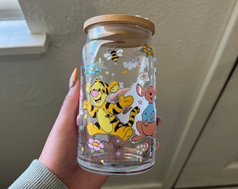 Pooh glass cup, cute gifts for her, floral lid & cup, Iced coffee glass with lid and straw