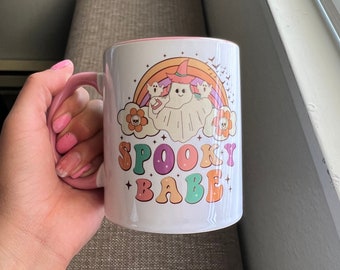 Spooky Season Mug, Halloween Coffee mugs, Pumpkin & Ghost  Ceramic mug, Cute Halloween Mug, Pink Glaze Mug-11 oz