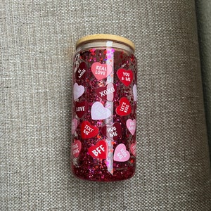 Valentine’s Day Glitter Iced Coffee Glass, Snow globe Glass Can, Gifts for Her, Glass cup with lid & straw- 16oz