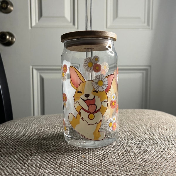 Corgi Iced Coffee Glass,Gift for dog owners, Corgi gifts- Cute flower corgi, boba tea glass cup -with Lid and Straw