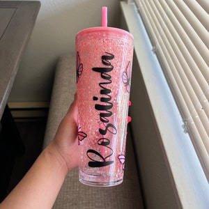 Personalized butterfly pink glitter snow globe tumbler, Gifts for her, acrylic snow globe tumbler, with Lid & Straw, 24 oz