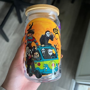 Horror halloween movie iced coffee glass,Horror movie Spooky basket gifts,Iced coffee glass with lid and straw