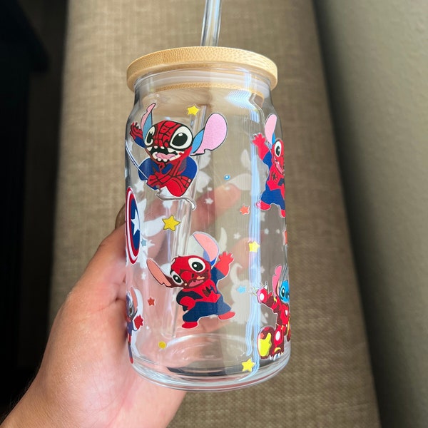 Stitch wearing superhero costumes, Superhero stitch, Iced Coffee Glass, Boba Glass Can with Lid & Straw- 16oz