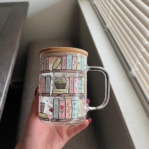 Book mug, Coffee mug - Gifts for friends- Cute Gifts, Glass mugs with lid & straw image 2