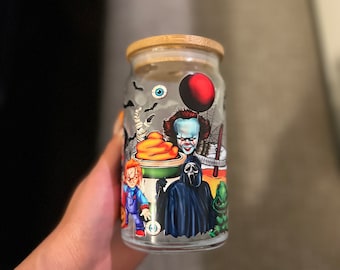 Horror halloween movie iced coffee glass,Horror movie Spooky basket gifts,Iced coffee glass with lid and straw