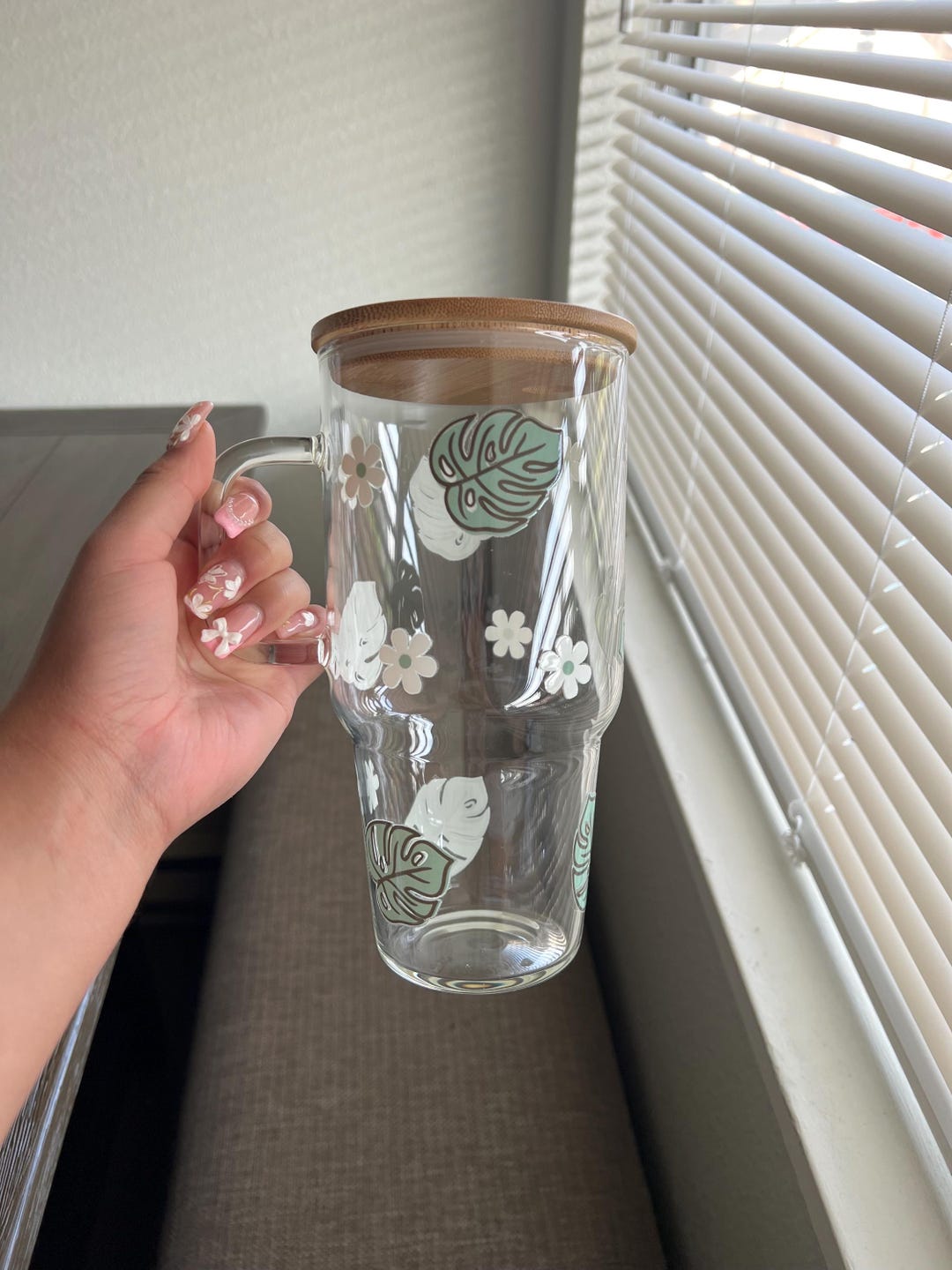 Monstera Glass Cup, Large Glass With Handle, Plant Cup With Lid and ...