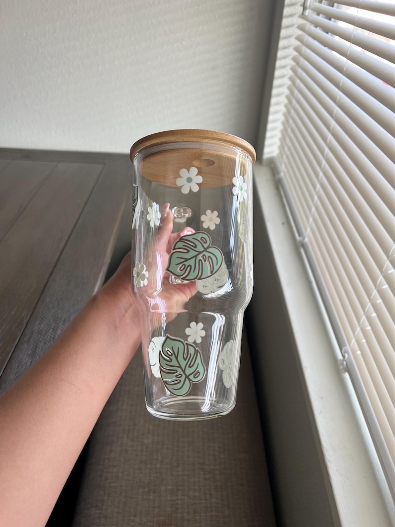 Monstera Glass Cup, Large Glass with handle, Plant cup with lid and