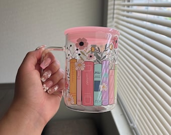 Floral book mug, Coffee mug - Gifts for friends- Cute Gifts, Glass mugs with lid & straw