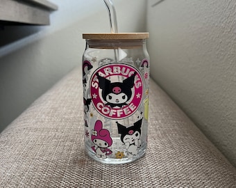 Cute Pink iced coffee glass, Gifts for kids, cute gifts for her, Boba tea glass cup, Iced coffee glass with lid and straw